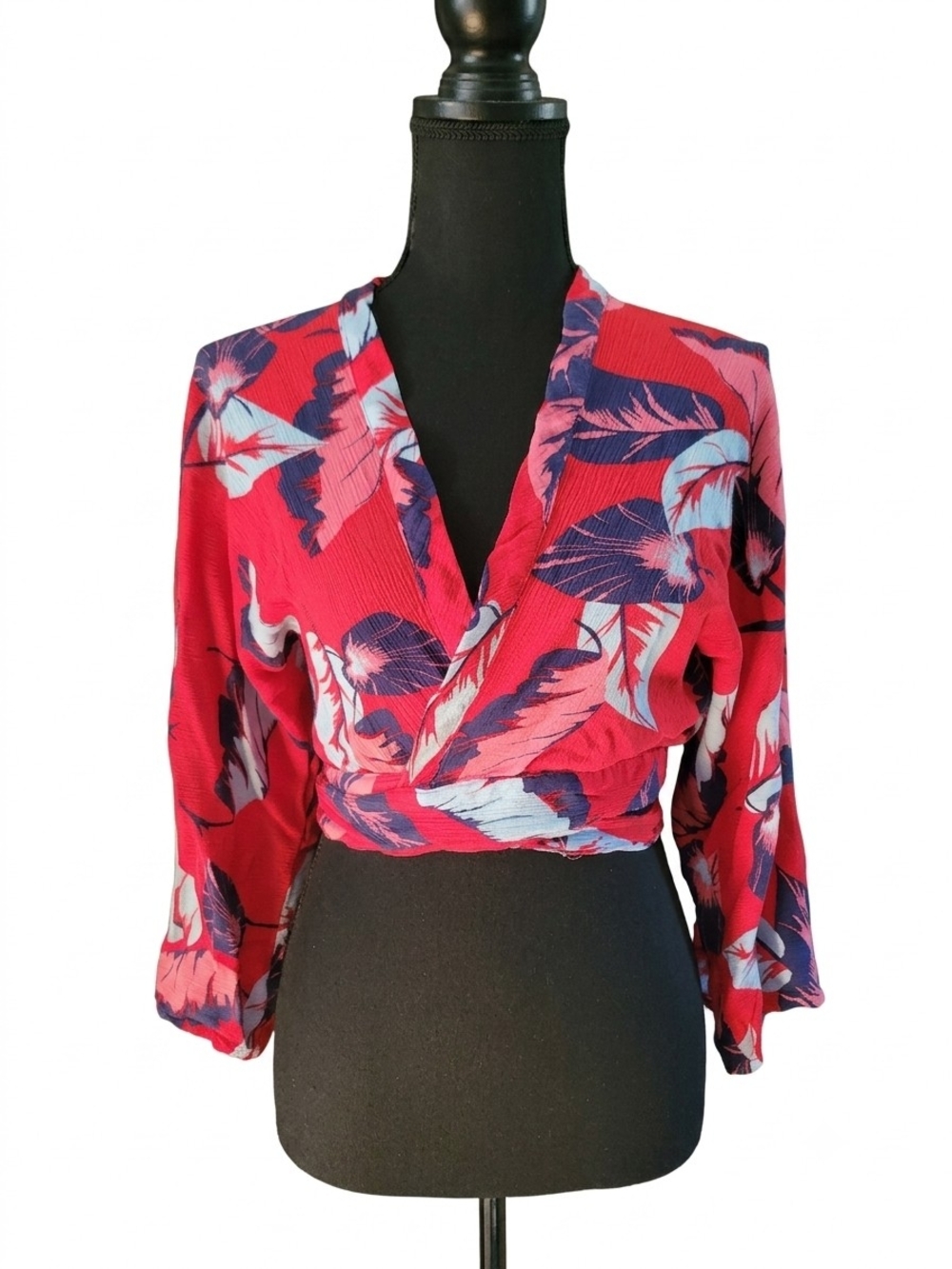 Express Red Floral Wrap-Style Crop Blouse